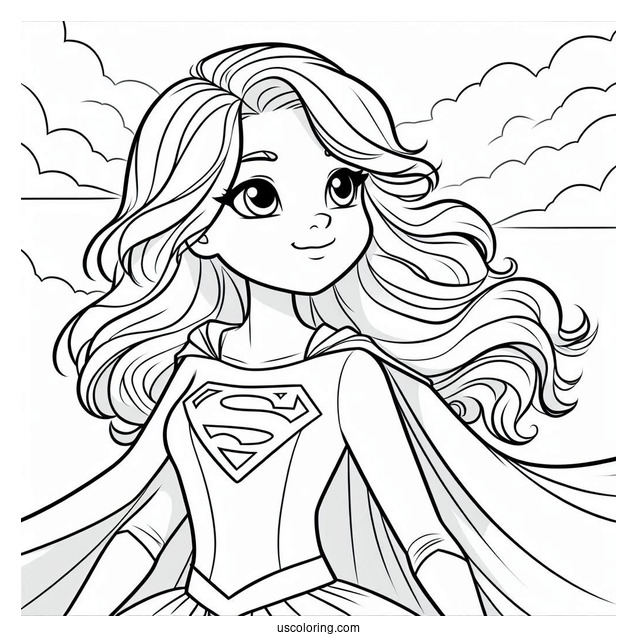 Cartoon Supergirl Coloring Page In The Sky For Kids