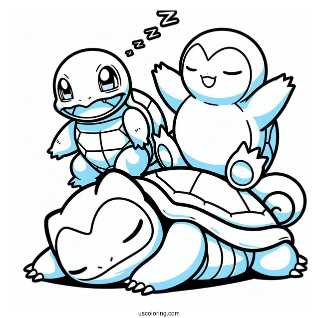 Squirtle And Lilligant Fighting On Stop Of Sleeping Snorlax Coloring Page