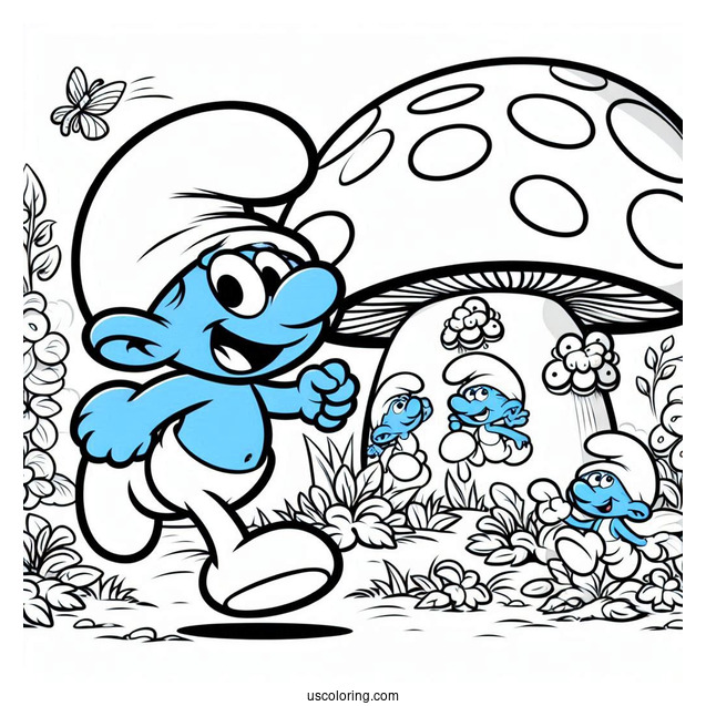 Smurf Running To Mushroom House Coloring Sheet