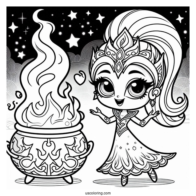 Shimmer And Shine Coloring Page With Smoking Cauldron At The Back With Zeta And Nazboo