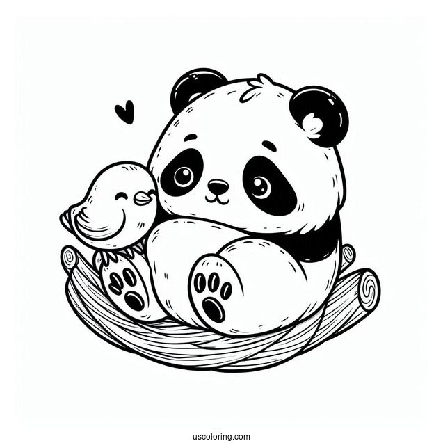 Tiny Bird Sitting On Baby Panda Coloring Page Head