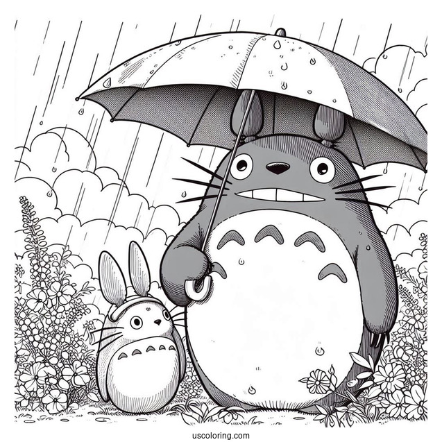 Studio Ghibli Coloring Page of My Neighbor Totoro Holding Umbrella For Kids
