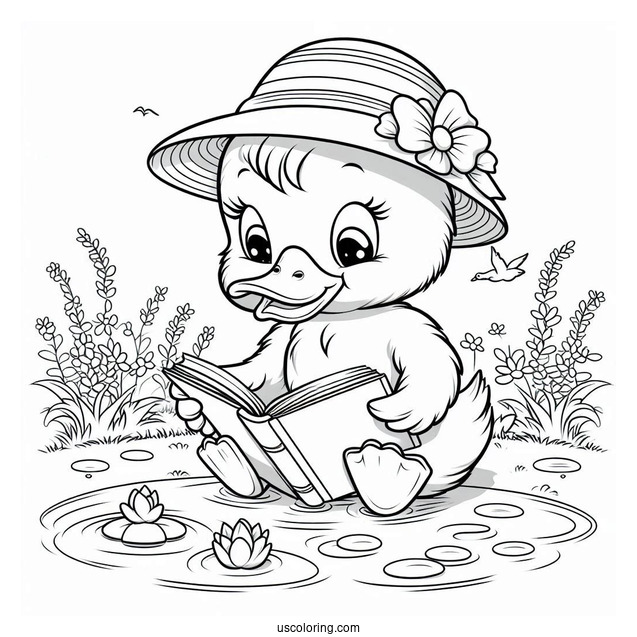 Smart Duck Reading by the Pond Coloring Page