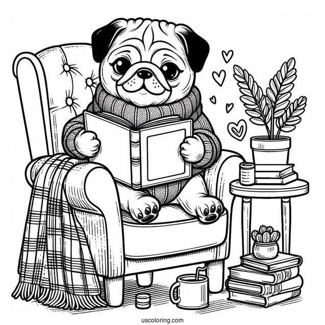 Pug Coloring Page Reading a Book in Armchair
