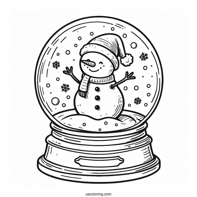 Snow Globe Coloring Page With A Snowman Wearing A Santa Hat