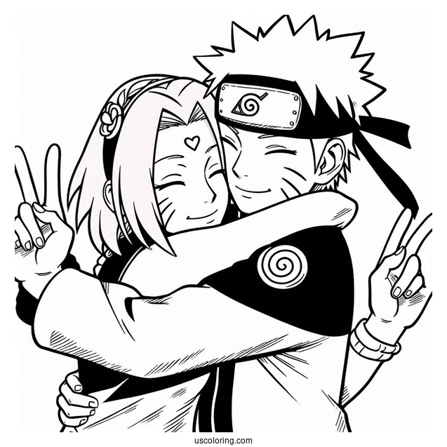 Naruto Coloring Page Of Hugging Sakura And Making Peace Sign