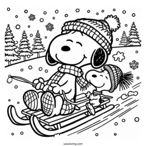 Woodstock And Snoopy Sledding During Christmas