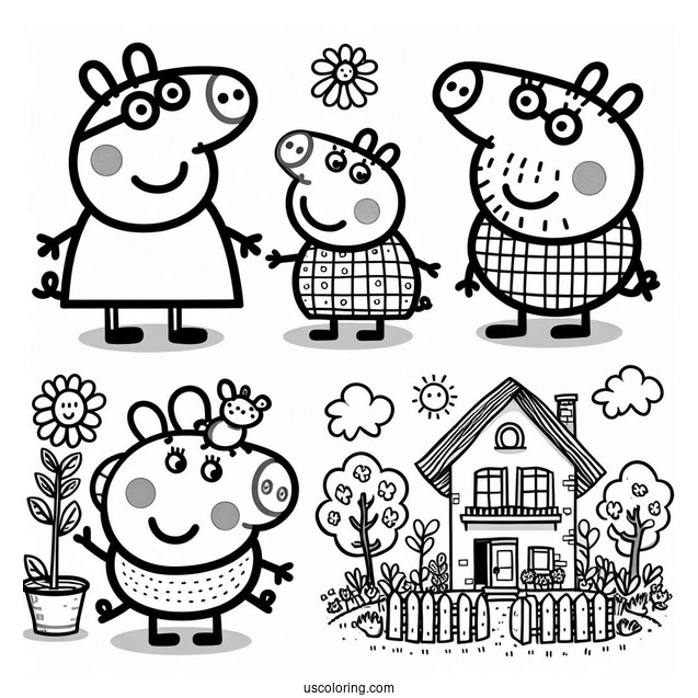 Peppa, Mummy, Daddy, And George Pig With House