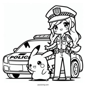 Officer Pikachu Outside Police Car Coloring Page For Kids