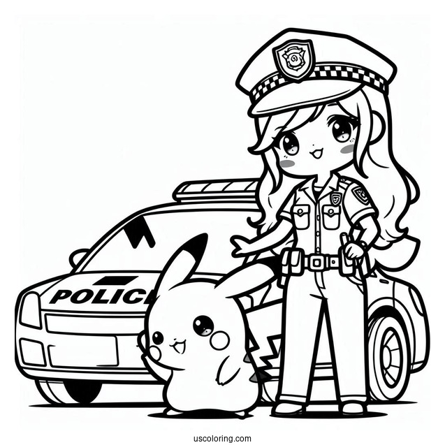 Officer Pikachu Outside Police Car Coloring Page For Kids