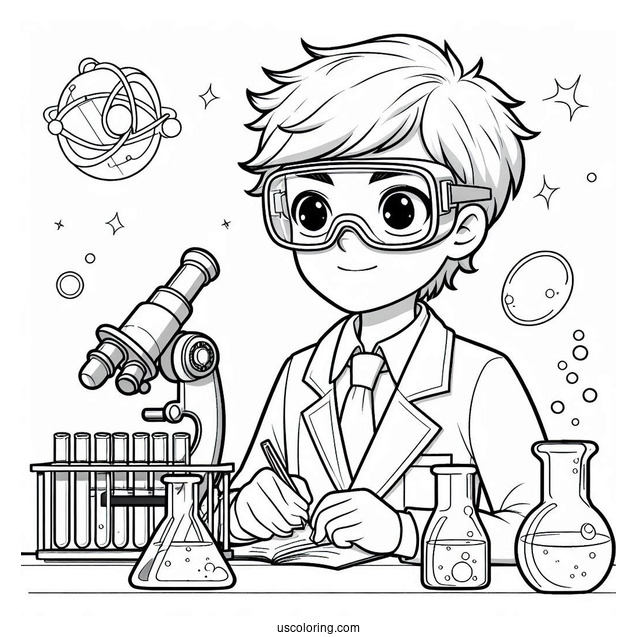Science Coloring Page Of Boy In Goggles And Lab Coat In A Science Laboratory