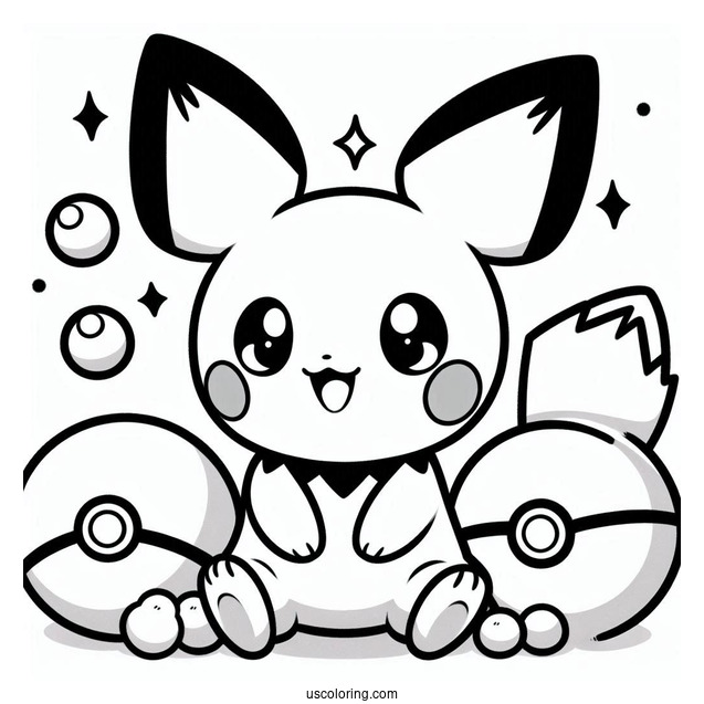 Kawaii Pichu Coloring Page With Pokeballs In The Background