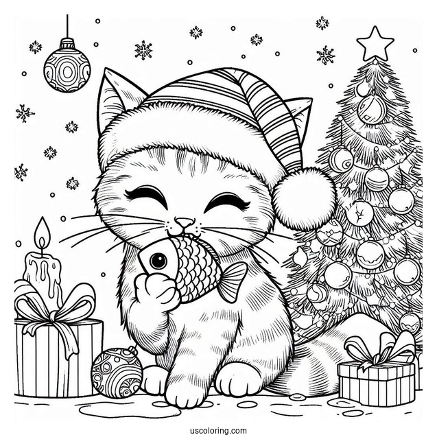 Cat Eating Fish Treat On Christmas Day Coloring Page