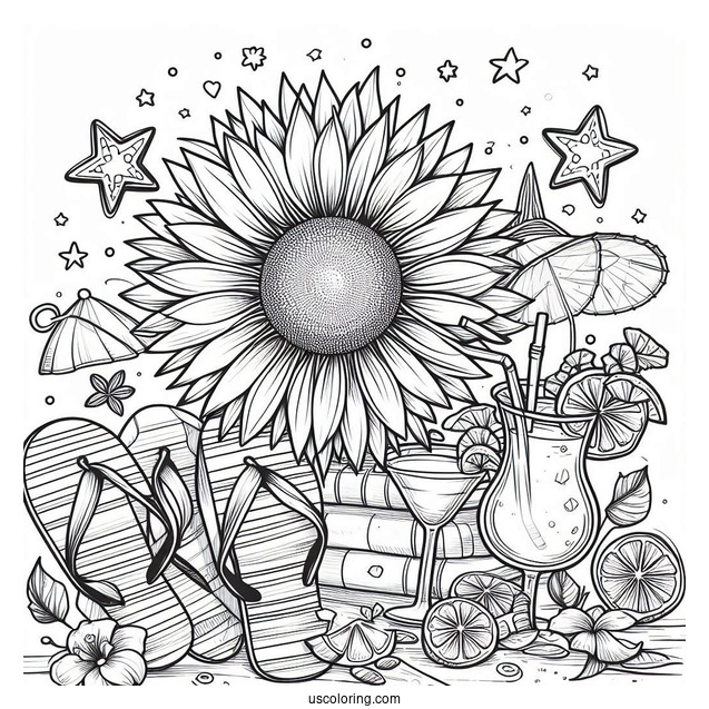 Summer Coloring Page Of Sunflower, Flip Flops, And Cocktails