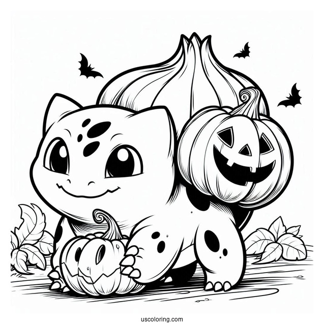 Bulbasaur Coloring Page Carrying Jack O Lantern On Halloween