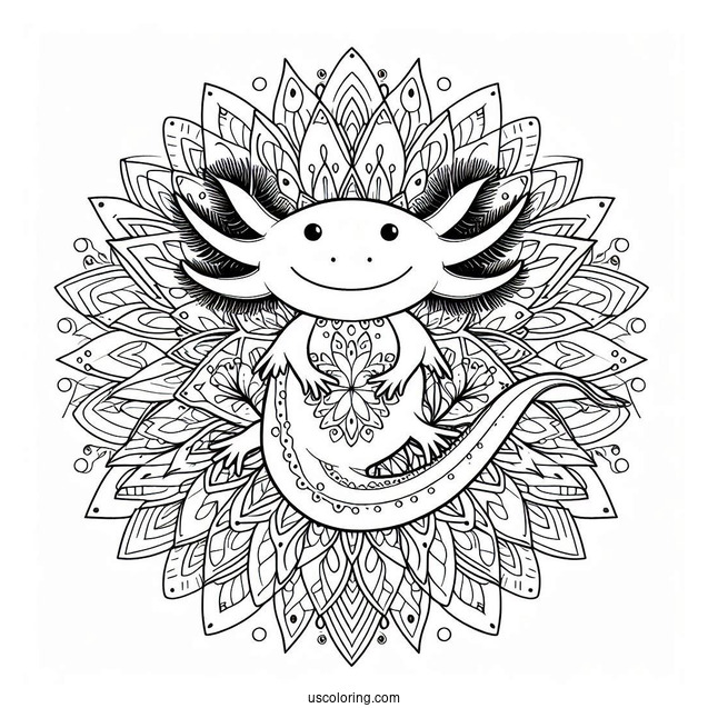 Axolotl Coloring Page At The Center Of A Flower Mandala
