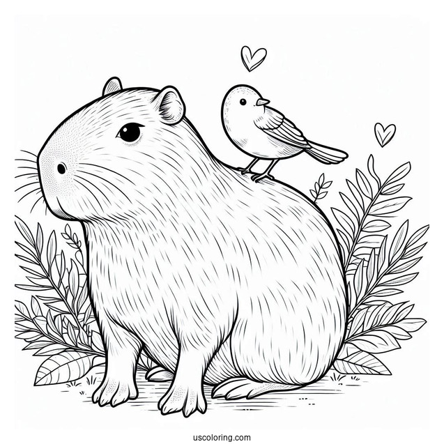 Capybara Coloring Page With Bird On Its Head