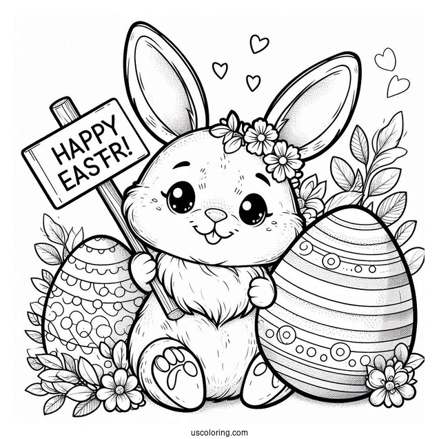 Bunny Holding Happy Easter Coloring Page Of Sign Next To Large Easter Eggs