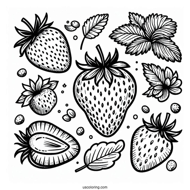 Easy Strawberry Coloring Page With Seeds For Kids