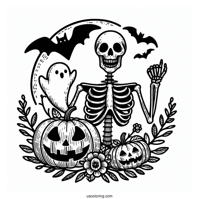 Skeleton Coloring Page Of Jack O Lantern With Ghost And Bat