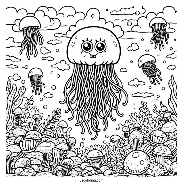 SpongeBob Coloring Page Jellyfish In Jellyfish Fields