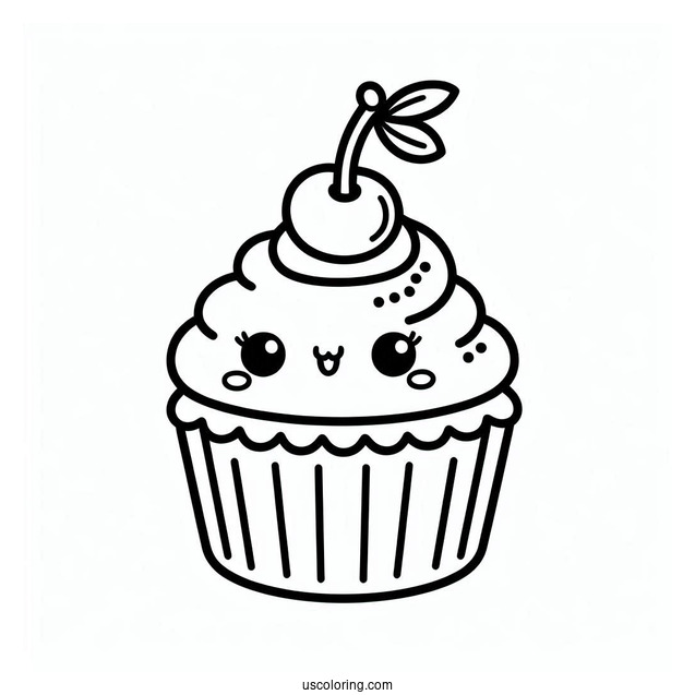 Kawaii Cupcake With Cherry On Top Coloring Sheet