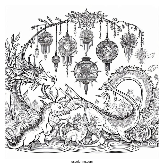 Raya And The Last Dragon Coloring Page Of Sisu, Raya, Boun, Tong, Noi, And The Ongis