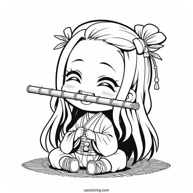 Cute Chibi Nezuko Coloring Page Biting Down Bamboo