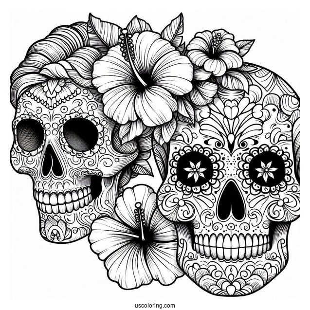 Detailed Sugar Skulls Coloring Page Design With Hibiscus Flowers