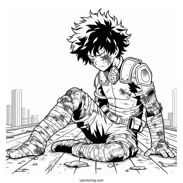 Deku Coloring Page Of Injured In Battle On Rooftop