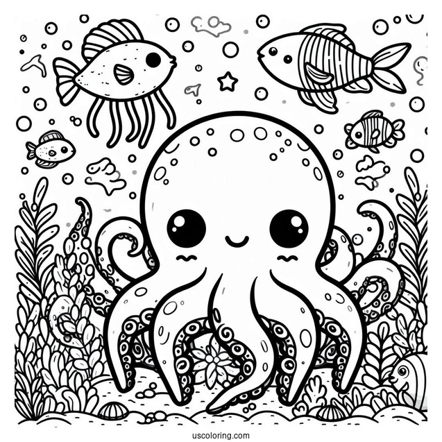 Chibi Octopus Coloring Page Swimming With Fish