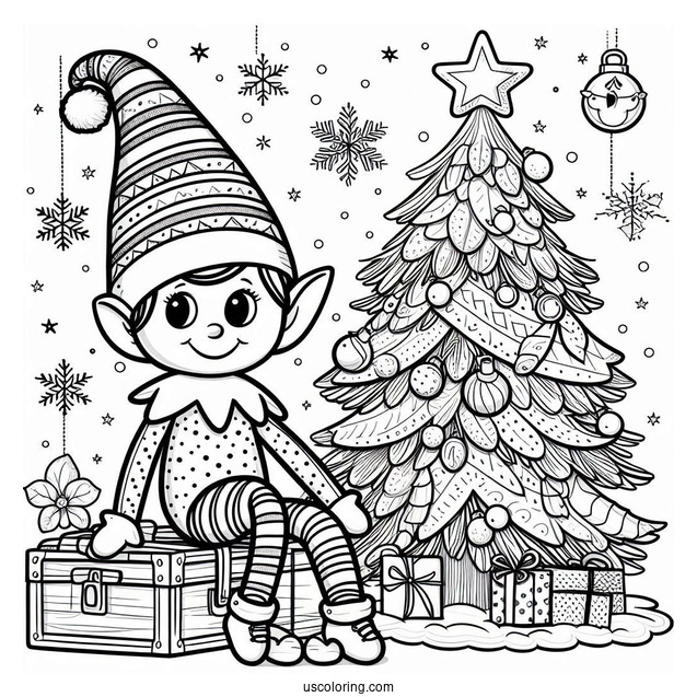Elf On The Shelf With Christmas Tree To Color