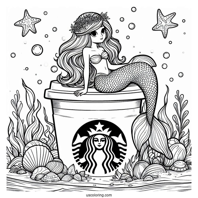 Beautiful Mermaid Resting On Top Of A Starbucks Coloring Page Cup Under The Sea