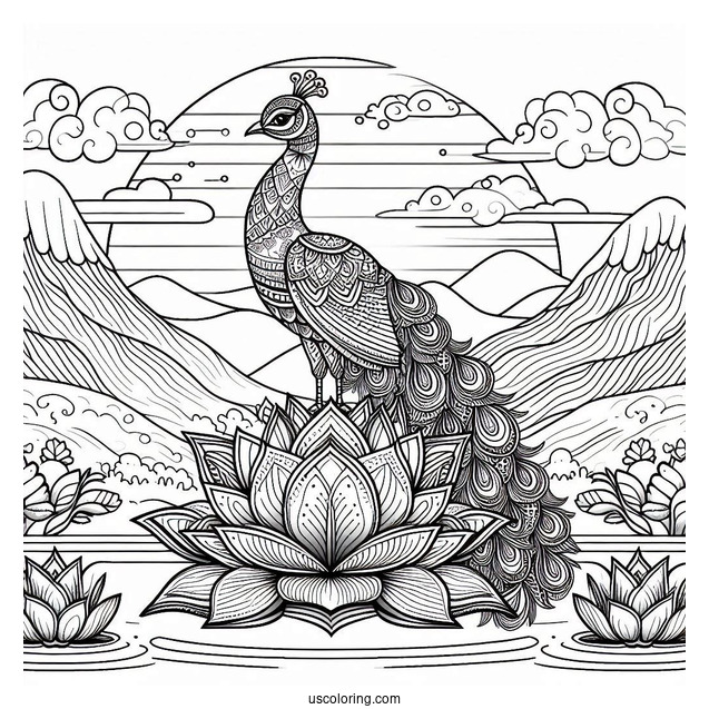Mandala Peacock Coloring Page Standing on Lotus in Mountain Landscape