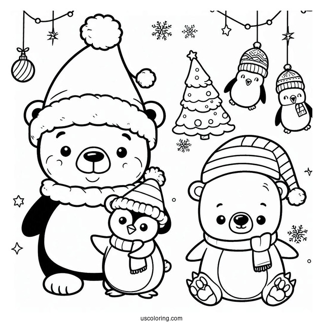 Coloring Page Of Cartoon Polar Bear With Penguins On Christmas