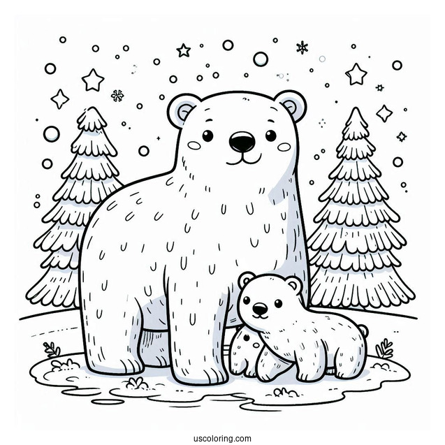 Polar Bear With Cubs On Snowy Day