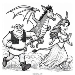 Shrek, Fiona And Donkey Running From Dragon