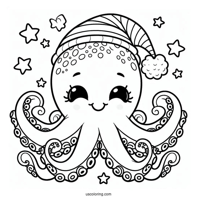 Octopus Coloring Page Wearing Night Cap
