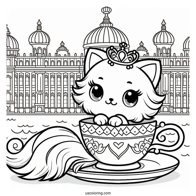 Palace Pets Coloring Page Of Kawaii Teacup In Front Of Palace For Kids