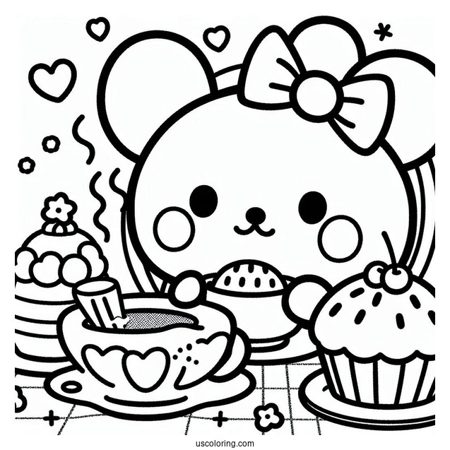 Sanrio Coloring Pages Of Pompompurin Drinking Tea With Muffin