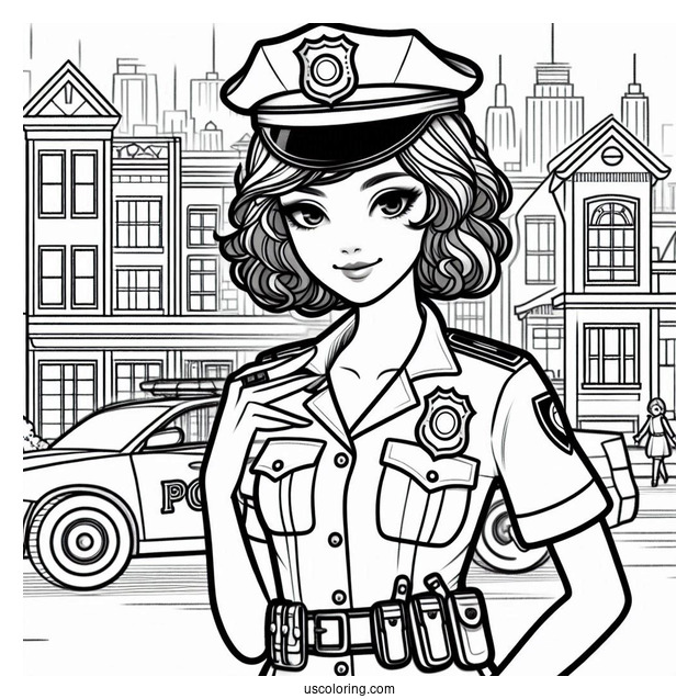 Police Woman In Front Of Police Station To Color