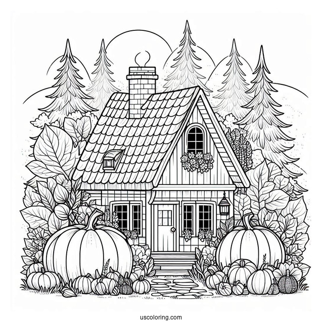 Cottagecore Pumpkin Coloring Page House In The Forest