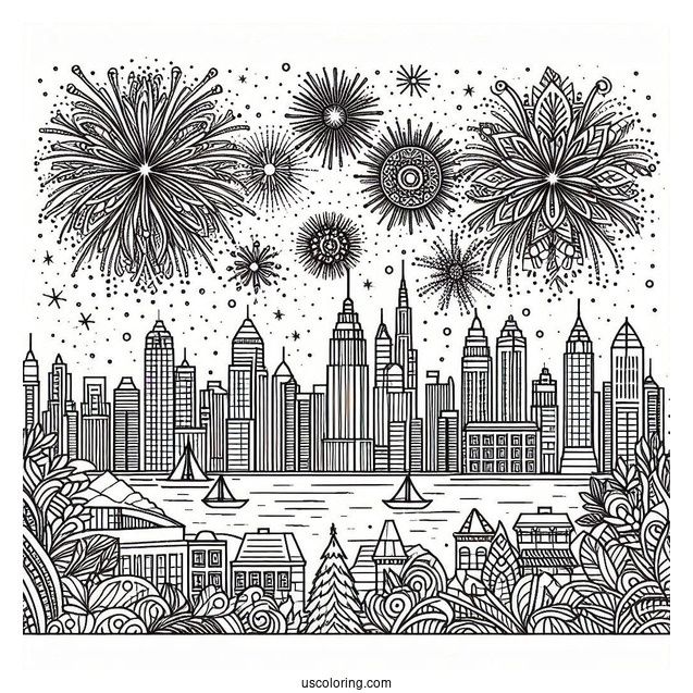 New Year Coloring Page Of Fireworks Over The City