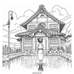 Studio Ghibli Coloring Page of Chihiro Standing In Front Of Bath House