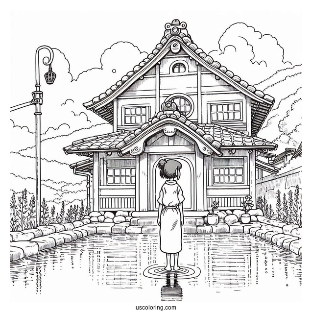 Studio Ghibli Coloring Page of Chihiro Standing In Front Of Bath House
