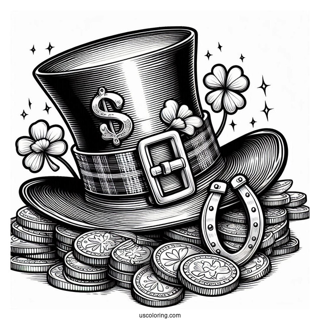 St Patrick_s Hat With Gold Coins And Horseshoe To Color