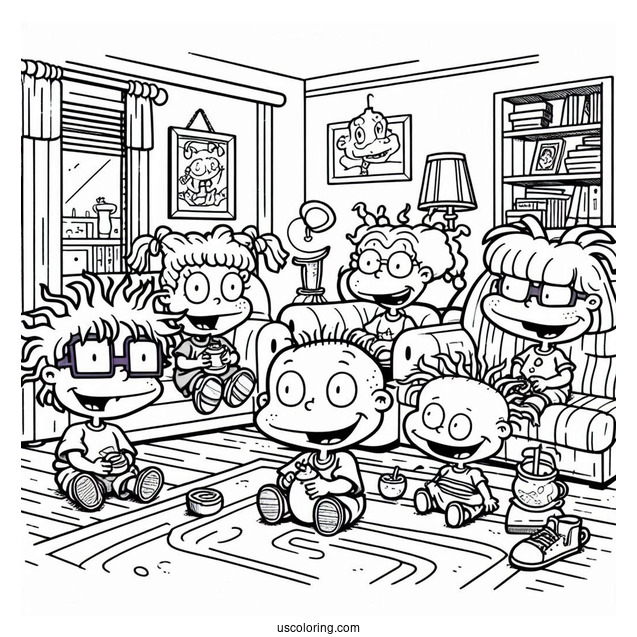 Rugrats Coloring Page Of Rugrats Tommy, Angelika, Chuckie, Susie, Lillian, And Philip In Living Room