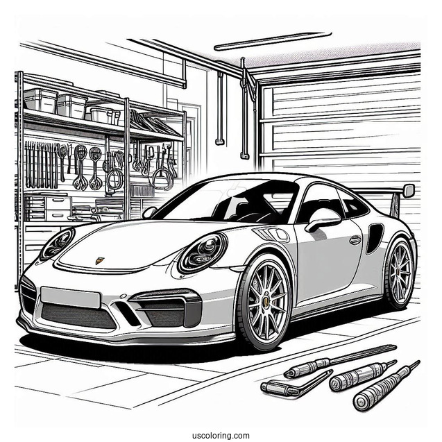 Sleek Porsche Coloring Page Parked In Garage