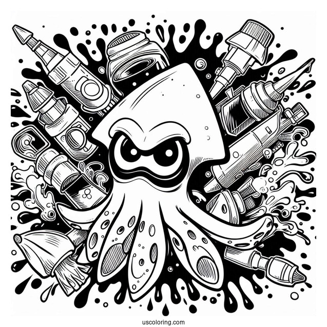 Splatoon Coloring Page Of Squid And Ink Splatter Poster