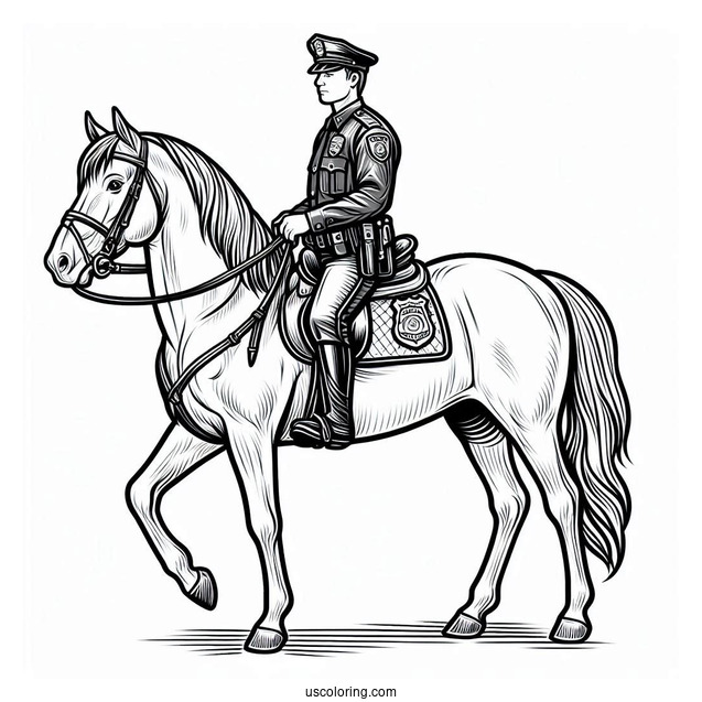 Mounted Police Officer On Horse To Color